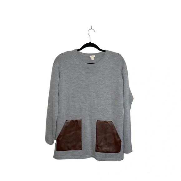 J. Crew Factory 100% Merino Wool Gray Faux Leather Pocket Sweater Small Women’s - Picture 1 of 13